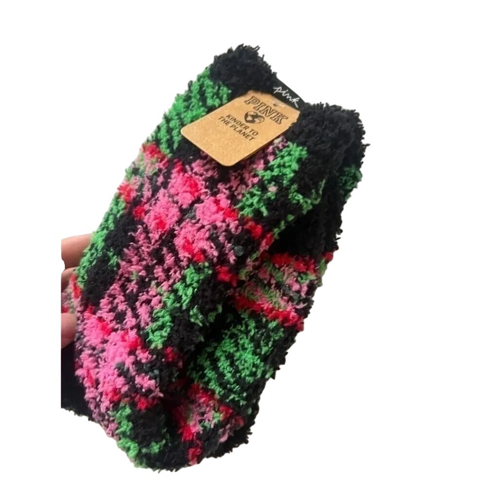 Victoria's Secret Pink Plaid Crew Socks Fuzzy Cozy Fall Collegiate Wicked New‎